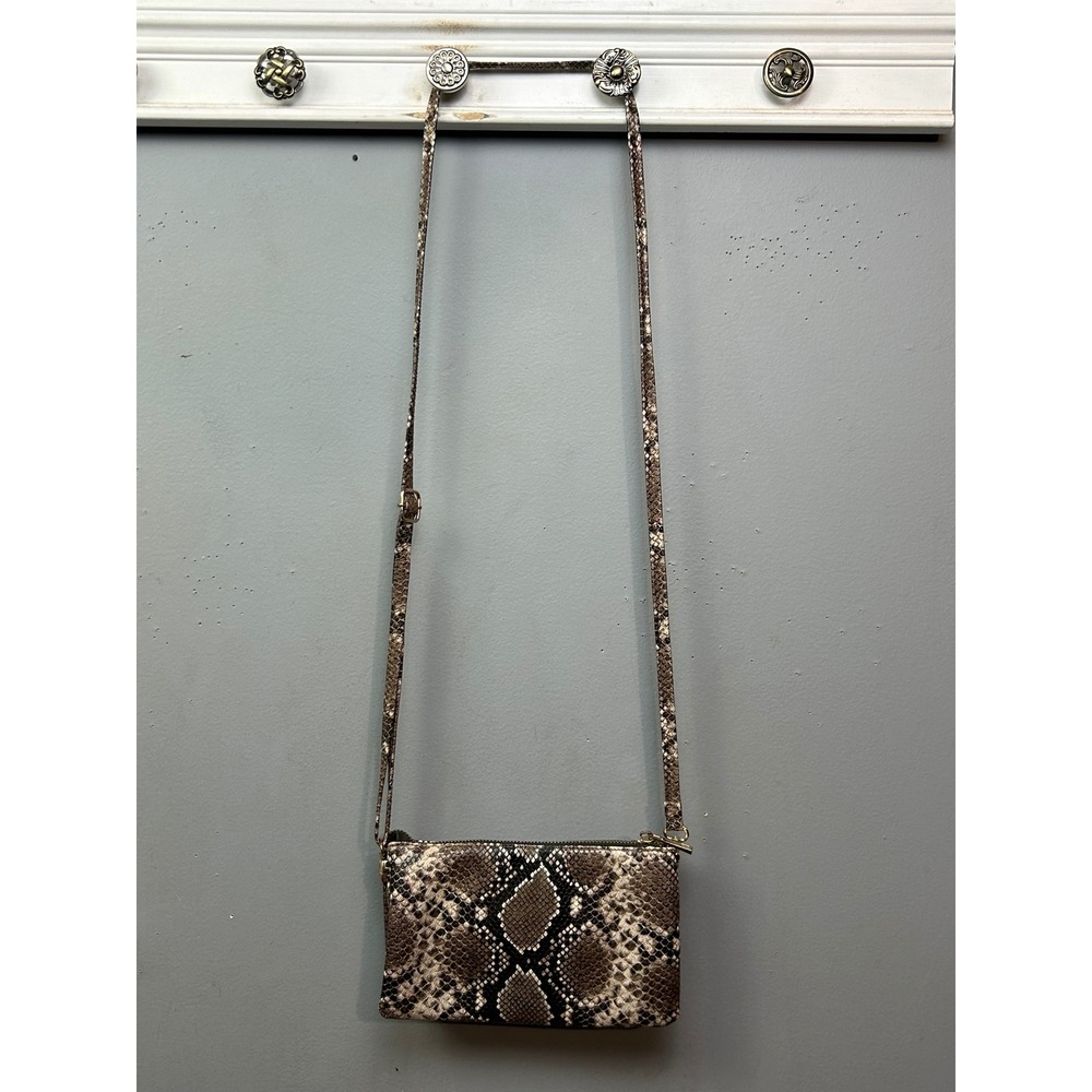 Caroline Hill Snakeskin‎ Print Triple Zip Crossbody Bag Brown Tan Neutral Gold